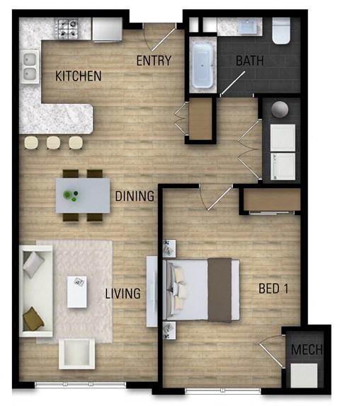 Floor plan for 1 bed, 1 bath, 846 sqft